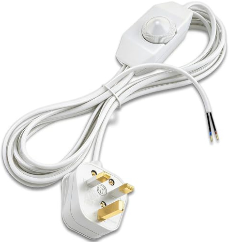 Plug In Dimmer Switch, Lamp Cord with Rotary Dimmer Switch and UK Plug, 1.8 Meters 2 Core In Line Switch for Lamps, 250V 6A Switch Extension Lead, Standard Replacement Lamp Cable, White 1.8M