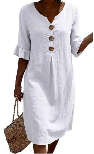 Robe Blanche Femme, Bal De Promo, Robes Élégante pour Femmes Unie en Coton Et Lin Boutonnée Col V Manches Courtes Mi-Longue Fluide Trapèze Style Plage Soirée Longue Mariage
