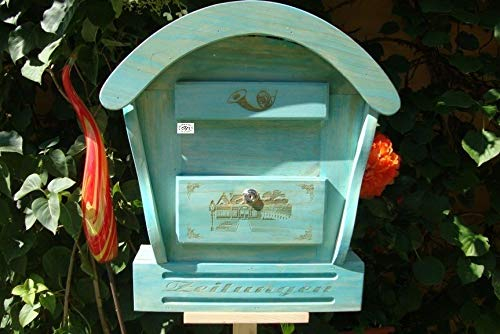 HBK-RD-BLAU Vogelhaus Briefkasten mit Holz - Deko blau hellblau als HBK-RD aus Holz Briefkästen Holzbriefkästen Postkasten Runddach - passt auch zu vielen Vogelhäusern Vogelhaus Insektenhotel Insektenhotels Vogelhäuser aus Holz Ergänzung für Vogelhäuschen und Vogelfutterhaus Nistkasten Meisenkasten mit echt Holzschindel ausgefallen mit Holzdach für Garten Garage
