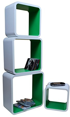 Cube Verstärkte Vielen Farben MDF Retro Design 4er Set Regal Regale Wandregal Deko Würfel CD DVD Lounge LO02 (Weiß/Grün)