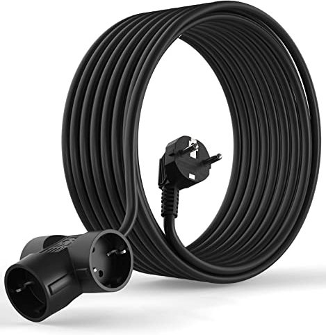 MutecPower 7.5 Metros Cable Alargador de Corriente Electrico con 3 enchufes Schuko con protección de Contacto en ángulo de 90° - 250V 50Hz 16A - alargador eléctrico para interiors IP20-7.5m Negro