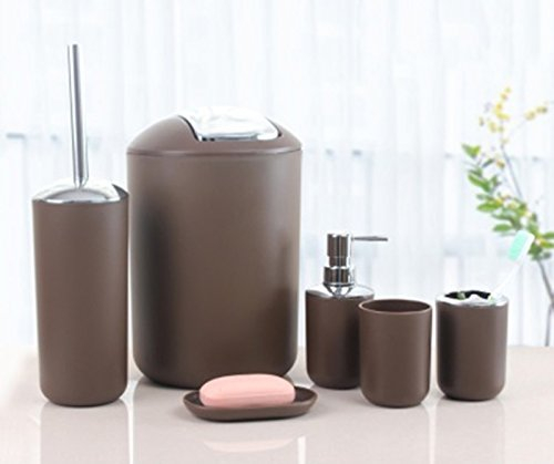 6tlg Badset Badezimmer Zubehör Set Organizer: Seifenspender, Zahnputzbecher, Kosmetikeimer, WC Bürste und Halter, Seifenschale, Mülleimer, Zahnbürstenhalter, Badgarnitur (Braun Design 2)