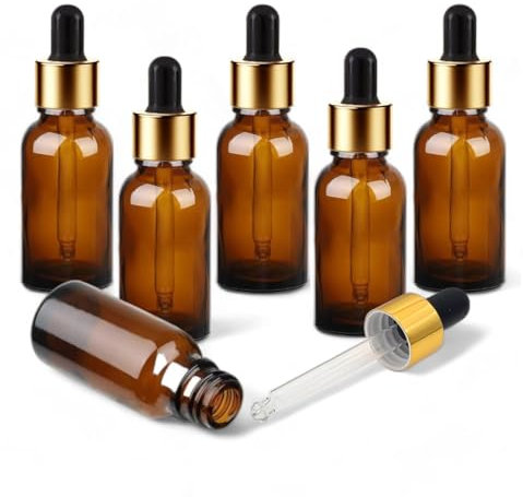 Avalon Amber Brown Glass Dropper Bottles 30ml with Black & Gold Glass Dropper Pipette - 6 Pcs- Reusable, Refillable, Recyclable, Sustainable Living - Cosmetic Containers for Beauty & Skincare