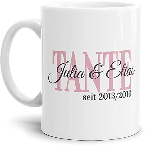 Tasse - Tante seit - zum selbst Gestalten mit Kindernamen und Geburtsjahren - Geschenk für die beste Tante - Keramiktasse, Weiß Glanz, 300 ml