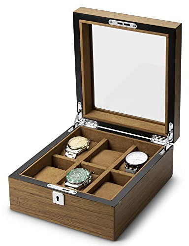 ROFAY Uhrenbox aus massivem Holz mit Glasplatte, hochwertige Rindenstruktur, Uhrengehäuse, 6 Fächer mit Schloss zur Aufbewahrung von Schmuck, Uhren