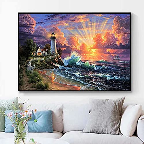 LXTOPN Diamond Painting Kits,DIY Vollbohrer Leuchtturm Sonnenuntergang Groß Foto Diamant Poster,Moderne Runde Diamant Wandkunt Malerei für Wohnzimmer Dekor Ungerahmt (D01, 30x50cm)