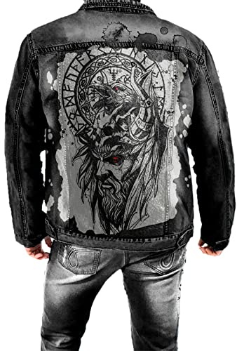 kewing Men's Punk Denim Jacket Viking Retro Printed Denim Jacket Slim Long Sleeve Streetwear Lapel Jacket
