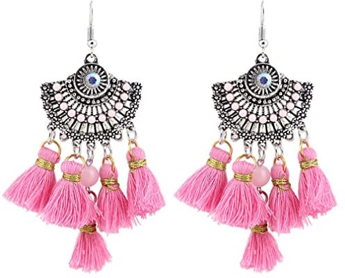 YAZILIND Bohemian Style Tassel Pendant Earrings Fan-shaped Cubic Zirconia Wraps Jewelry(Pink)