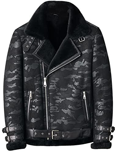 Denny&Dora Lammfelljacke Herren B3 Bomberjacke Schwarz Camouflage Lederjacke Herren Winterm?ntel Pelzjacke (Schwarze Tarnung, L)