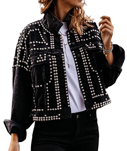 APAFES Damen Mode Crop Fransen Denim Jacke Distressed Western Nieten Schwarz Trucker Jacke, Schwarz, M