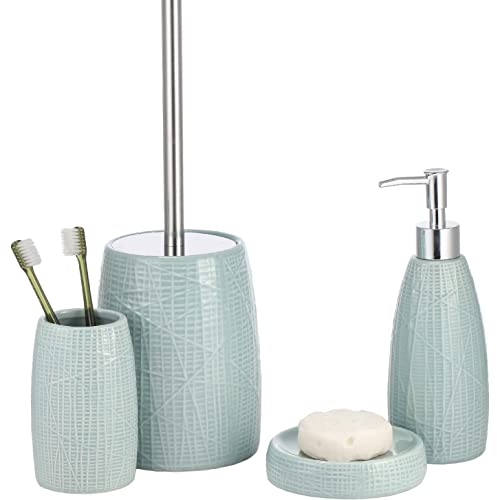 BM 6130 Set Accessori Bagno 4 Pezzi in Ceramica con Superficie Liscia e Linee Turchese – Dispenser, Portaspazzolino, Portasaponetta, Portascopino | Set da Appoggio Elegante per Arredo Bagno Moderno