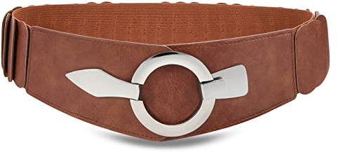 WHIPPY Breit Elastischer Taillengürtel Damen Hüftgürtel Vintage Stretchgürtel mit silberner Ring-Schließe,Braun,110cm