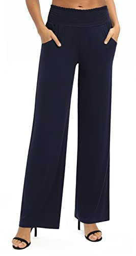 EXCHIC Damen Leichtgewicht Elastisch Hohe Taille Hose Casual Weite Bein Dehnbar Lounge Hosen mit Taschen (M, Navy Blau)