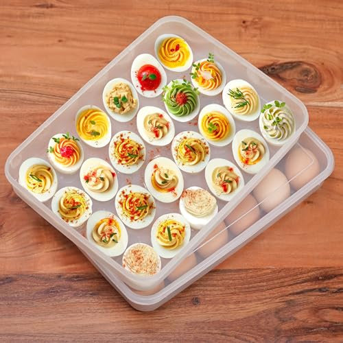 echomerx Juego de 2 recipientes para huevos rellenos con tapa, soporte portátil de plástico para huevos de diablo para 48 huevos, transportador apilable para refrigerador, bandeja transparente,