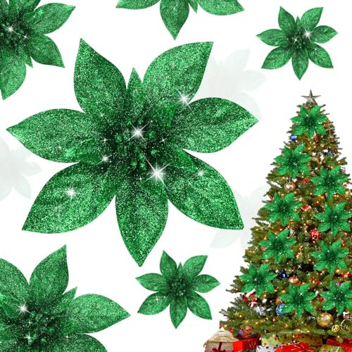 Shining She 10pcs Christmas Glitter Artificial Poinsettia Flowers 15Cm/5.9inch, Large Artificial Christmas Flowers for Xmas Party Decoration, Xmas Tree Ornaments Decor, Green