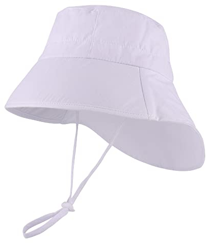 LACOFIA Baby Sonnenhut Baumwolle Kleinkind UV Sommer Mütze Verstellbarem Unisex Kinder Breiter Krempe Strand Cap Fischerhut mit Bindebändern und Nackenschutz Weiß 6-18 Monate