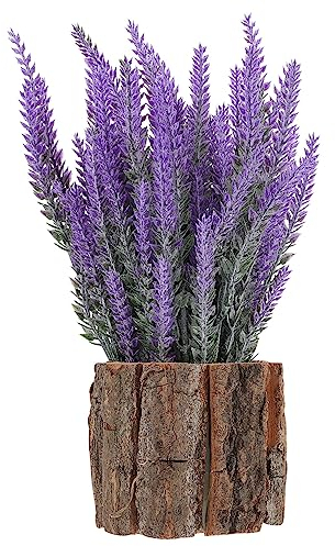 Yardwe Künstliche Lavendel-Topfpflanze Kunstblume Im Topf Holzrinde Eimer Fass Rustikaler Pflanzgefäß Vase Bauernhaus Blumenarrangement Behälter Für Zuhause