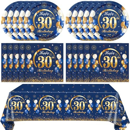 41 platos y servilletas para fiesta de 30 cumpleaños, color azul marino y dorado, platos y servilletas de 30 cumpleaños, vajilla desechable para hombres y mujeres