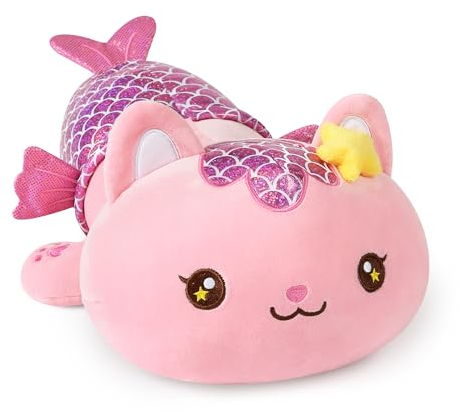 shownicer Plüschtier Katze Meerjungfrau Kuscheltier Stofftier Kawaii Katze Plüsch Kätzchen Plüschkissen Spielzeug Wurfkissen Schmusetier Geschenk für Kinder Mädchen 12+ Jahre (Rosa Meerjungfrau, 30cm)