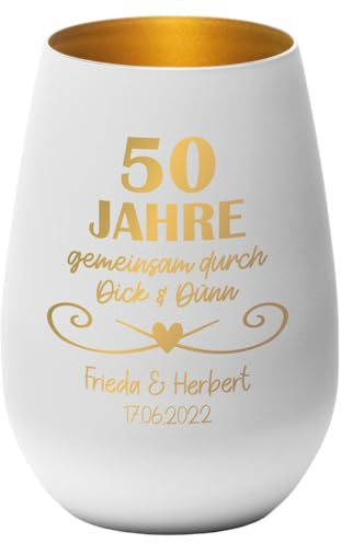 Geschenke.de Windlicht personalisiert Goldene Hochzeit Durch dick & Dünn mit Namen & Datum – Teelichthalter mit Gravur zum 50. Jahre Jubiläum – Geschenkidee für Eltern, Großeltern – Weiß-Gold
