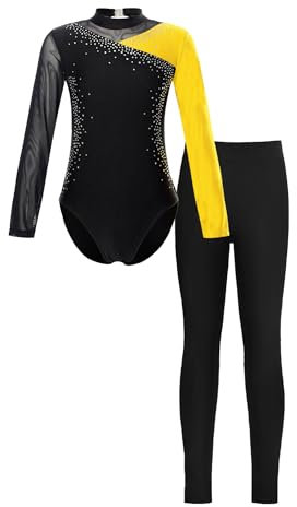 iEFiEL Mädchen Turnanzug Langarm Glitzer Gymnastik Kleidung Set Ballett Trikot Langarmbody mit Lange Hose Kinder Gymnastikanzug Zc Gelb + Schwarz 158-164