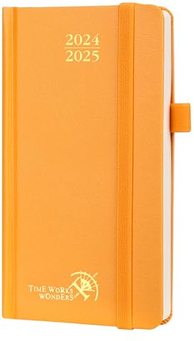POPRUN Taschenkalender 2025 Klein Hardcover 16,5 x 9 cm (Aug.2024-Dez.2025) - Kalender 2025 Klein - Terminplaner, Planer 1 Woche 2 Seite mit Innentasche - Orange
