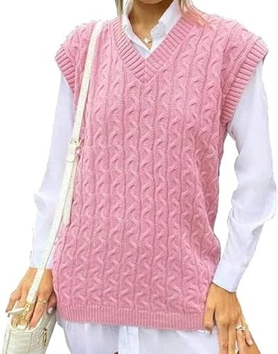 Women's Ladies Cable Knit Sleeveless Vest Knitted Jumper V Neck Tank Top Chunky Sweaters Pull Over Casual Plus Size 8-22 UK (Pink, 8-10)
