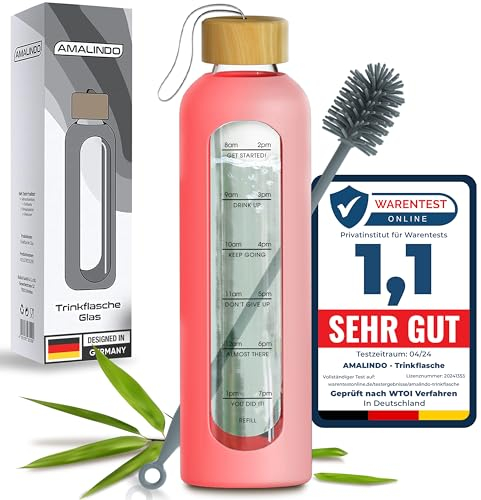 Amalindo Trinkflasche 1l Glas Bruchsicher, Wasserflasche, Glasflasche 1 Liter, Trinkflasche Glas 1l, Water Bottle inkl. Silikonhülle & Bürste (BPA-frei) - Rosa