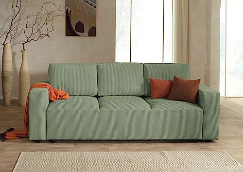 Lisa Design Livy - 3-Sitzer Schlafsofa - mit Bettkasten - aus Cord Grün