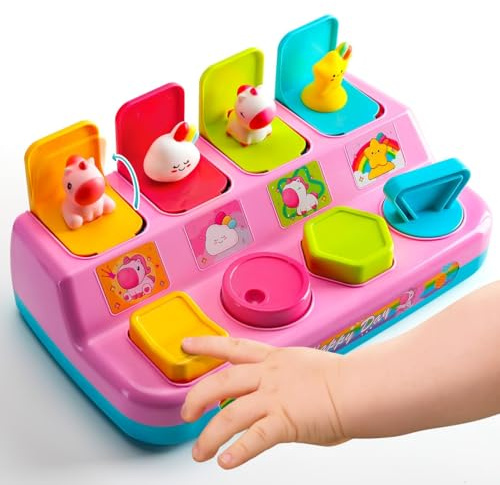 HahaGift Pop Up Toys for 1 Year Old Girls Gifts: Unicorn Cause and Effect Sensory Toy with Push Buttons, Montessori Baby Toys 6-9-12-18 Months, Toddler 1st Birthday Presents