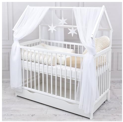 Generisch Baby Delux Babybett Komplett Set Hausbett 60x120 cm weiß Schublade Rausfallschutz Kinderbett Matratze Bettwäsche Deko Set (Traumland beige)