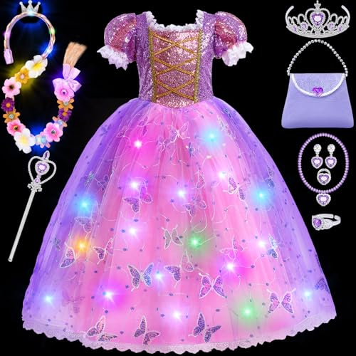 Toyssa Leuchtende Rapunzel Kostüm Kinder, Prinzessin Kleid Mädchen mit Perücke Handtasche Krone Zauberstab, Rapunzel Kleid LED Kostüm für Mädchen 2 3 4 5 6 7 Jahre Karneval Halloween Weihnachten