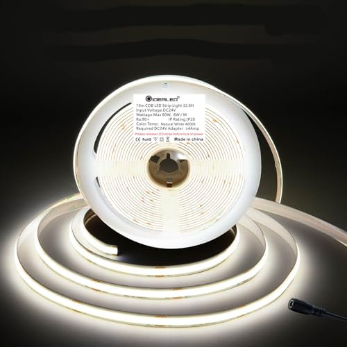 10m/Rolle DC24V COB LED Streifen 4000K Natürliches Weiß,Dimmbar Flexibel Hohe Dichte Gleichmäßiges Licht,7680Lumen Cob LED Strip Light für Zusätzliche Beleuchtung(Ohne 24V Netzteil und Controller)