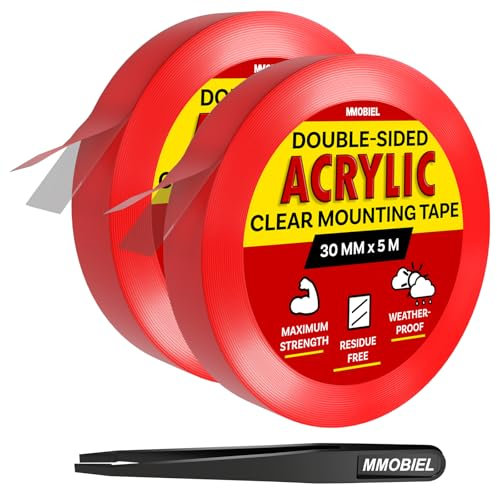 Double-Sided Mounting Tape Acrylic [2 Pack] - 5m x 30mm Indoor/Outdoor Adhesive - Heavy Duty Removable Clear Nano Tape - Picture Hanging Wall Tape, Carpet Fix Rug Tape, Waterproof - incl. Tweezer