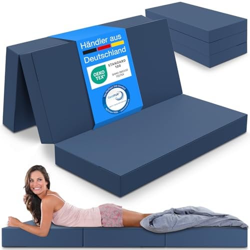ELONEO Klappmatratze, Gästematratze, 3-teilige Faltmatratze, Schaumstoff extra dick (15cm), waschbar, Bandscheibenwürfel, klappbar, Faltbare Matratze, Erwachsene (Blau, 160 x 195 x 15 cm)