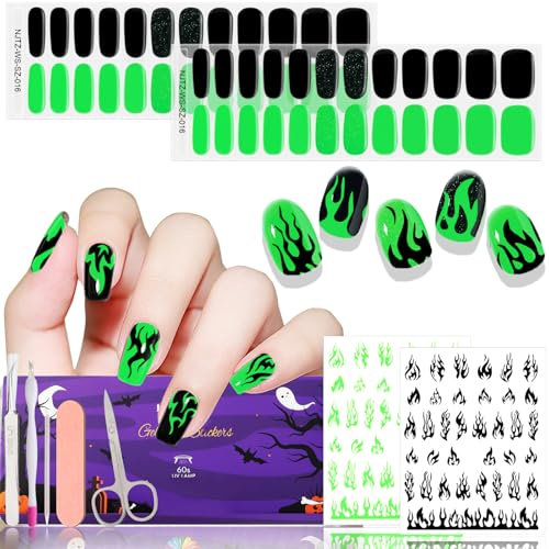 EBANKU Semi-Cured Gel Strips, 55P Halloween Set, Easy Apply Stickers for Salon-Quality Manicure Art With File and Stick (Spooky Flame)