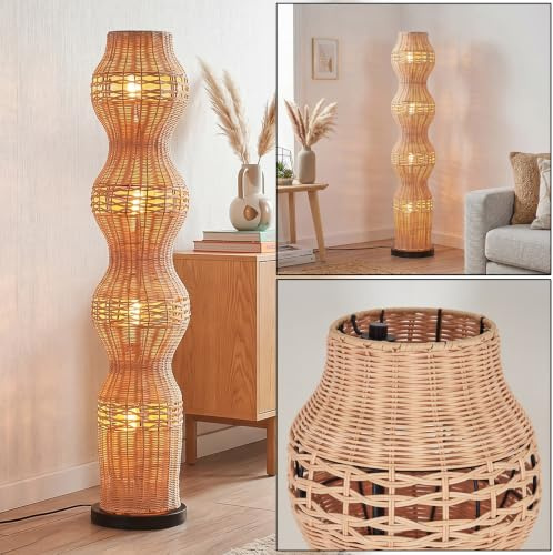 HOFSTEIN Stehleuchte Cardeira, moderne Stehlampe aus Metall/Rattan in Schwarz/Natur, Leuchte im Retro/Vintage/Boho-Design mit Lichteffekt, Höhe 111 cm, E27, Fußschalter, Wohnzimmer, Schlafzimmer, Büro