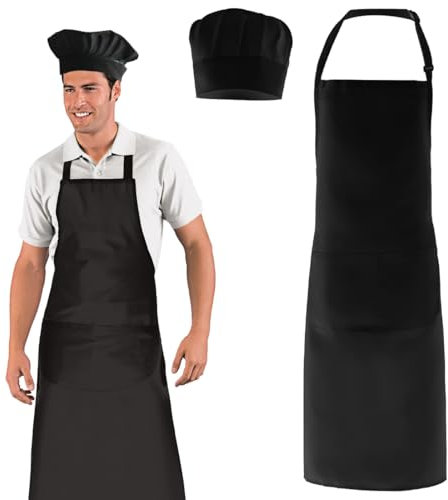 Augesak Kochmütze und Schürze für Erwachsene, Kochschürze Kochmütze Herren Damen, Verstellbare Koch Schürze Latzschürze, Schwarz Kochmütze Backschürze, Koch Kostüm für Bäcker Küche Hause Restaurant