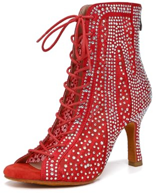 Uonpie Stivali a Rete Strass per Le Donne Scarpe da Ballo Latino con Tacco Alto Stivali