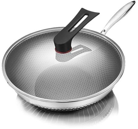 ASerZenith Antihaft-Bratpfannen Edelstahlpfanne Mit Deckel, Bratpfanne, Kratzfest, Erhöhte Waben-Kochpfanne, Küchenkochgeschirr, 32 cm(One Color-32cm)