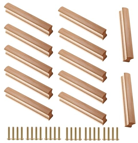 GANILITY Möbelgriffe Holz, 12 Stück Griffe Möbel Massiv mit 24 Stück Schrauben, Lochabstand 160 mm, Kleiderschrankgriff, Holz, für Bäder, Schlafzimmer
