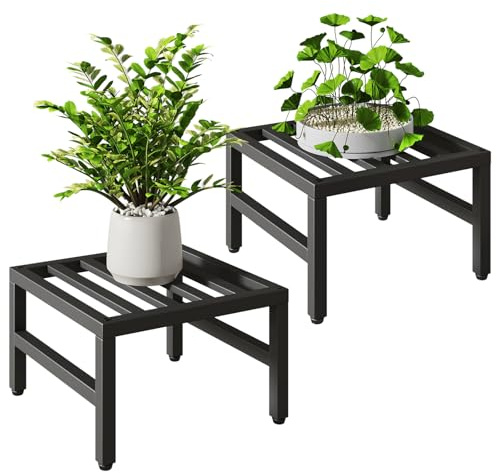 IBUYKE Metal Plant Pot Stand Indoor Outdoor, 2 Pack, Black TMJ075B-2 | Heavy Duty, 30cm Square Flower Stand, Small Plant Flower Shelf for Living Room Patio Balcony Garden, Adjustable Feet