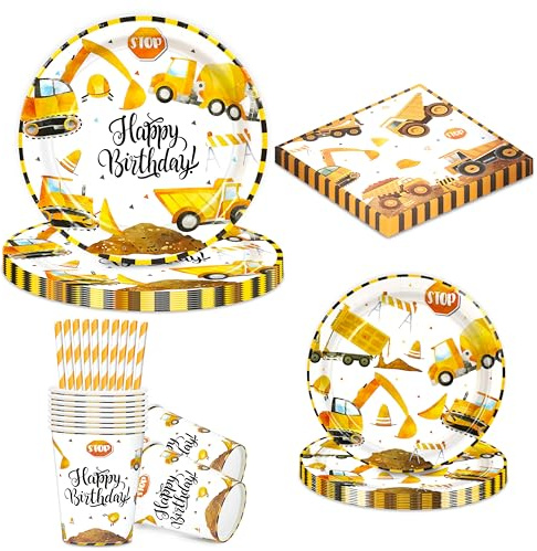 BuyCard Construction Vehicle Party Supplies Set | 10 Guest Disposable Tableware Kit | Includes 10x9'' & 10x7'' Plates, 20 Napkins, 10 Paper Straws,10 Paper Cups |Digger Dumper Themed Decor