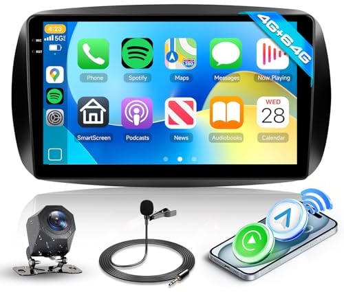 Hodozzy Autoradio 4GB+64GB für Mercedes Benz Smart 453 Fortwo 2014-2020 Android 9 Zoll InCell Touchscreen GPS Navi Carplay Wireless Android Auto, Radio 2 Din Bluetooth DSP WiFi FM RDS Rückfahrkamera