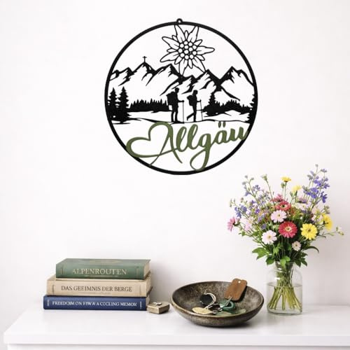 Generisch 3D Wandbild Allgäu Berge Wanderer Silhouette – Dekoratives Wandbild mit Heimatmotiv Alpen, 20×20 cm, (Grün)