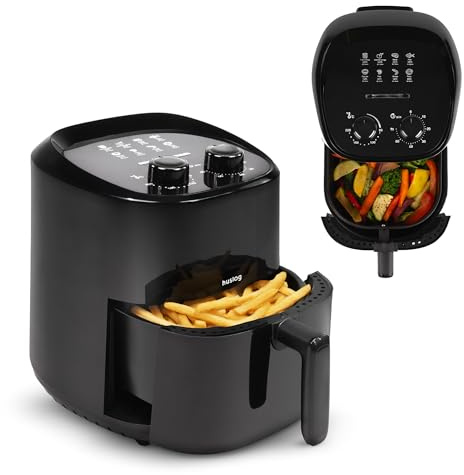 huslog varmluftsfritös 2,3 L 1 000 W, oljefri stekning med timer 0–60 min, non-stick-beläggning, kall vid beröring, halkfri | Energieffektiv minifritös för 1–2 personer