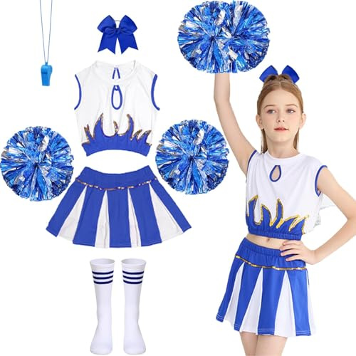 LXWINNER Cheerleader Kostüm Kinder,Cheerleading Kleid Cheer Uniformen mit Pompons,Socken,Pfeift und Haarzubehör,Cheerleader-Kostüm für Mädchen,Kinder Cheer Outfit Mädchen Karneval Kostüm (Blau, 130m)