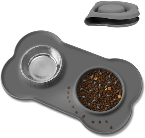 AUYAO Comedero Antivoracidad Perro, Acero Inoxidable, Antideslizante Gris | Doble Plato Extraíble, Comedero y Bebedero, Regalo para Perros