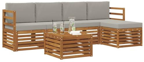 vidaXL Sofagarnituren 6 pcs Natürlich und Hellgrau Massivholz Akazie, Moderner Garten-Sofa, haltbare Terrasse Sitzgelegenheiten, bequemes Lounge-Möbel für draußen