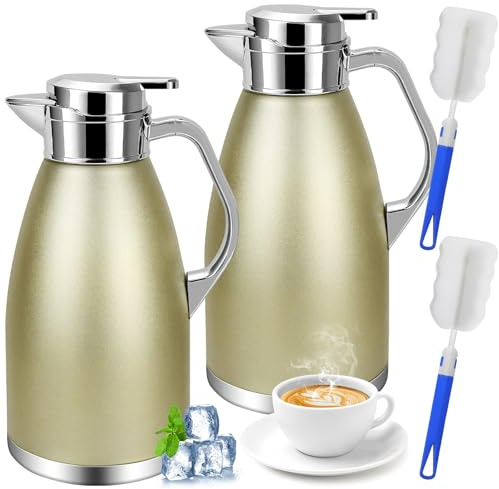 2 Pack 2.3 L Thermal Coffee Carafes, Stainless Steel Vacuum Jugs, Gold | Vacuum Insulated Coffee Pots with Press Button Lids and 2 Brushes for Hot Water, Tea, Milk and Cold Drinks